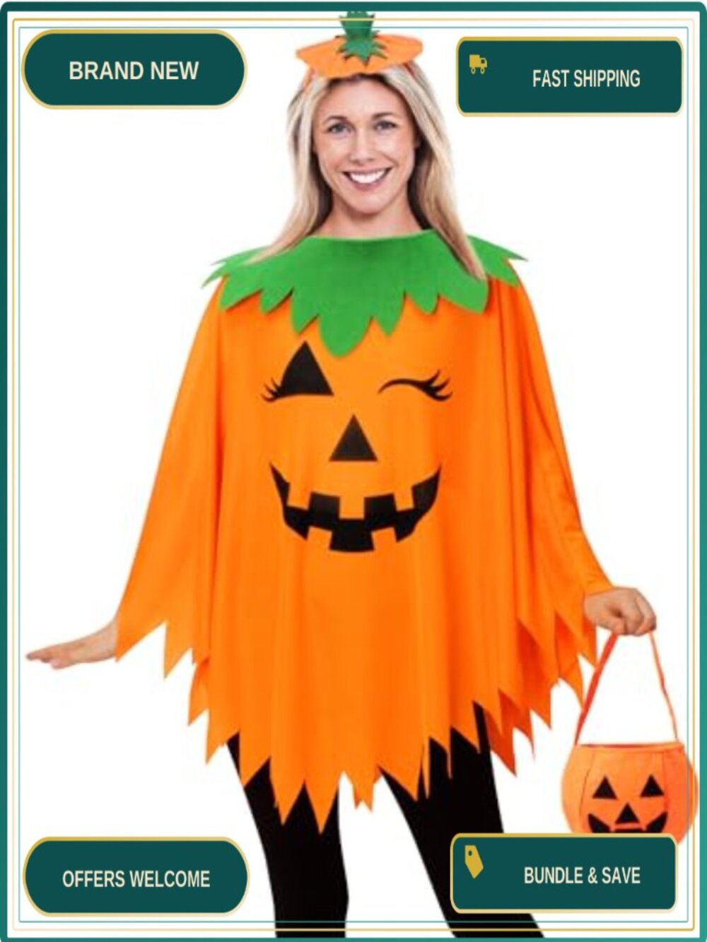 Pumpkin Poncho Costume Set Women Halloween Polyester One Size